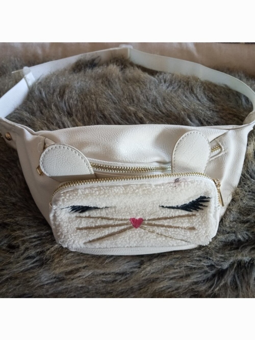Kids White Faux-Leather Cat Face Belt Bag
